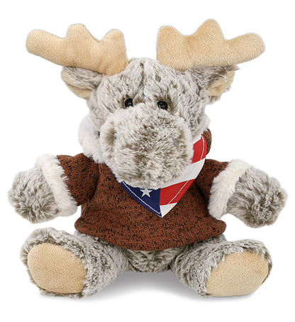 SUPER SOFT PLUSH - SITTING MOOSE WITH BROWN HOODED SWEATER WITH USA FLAG BANDANA