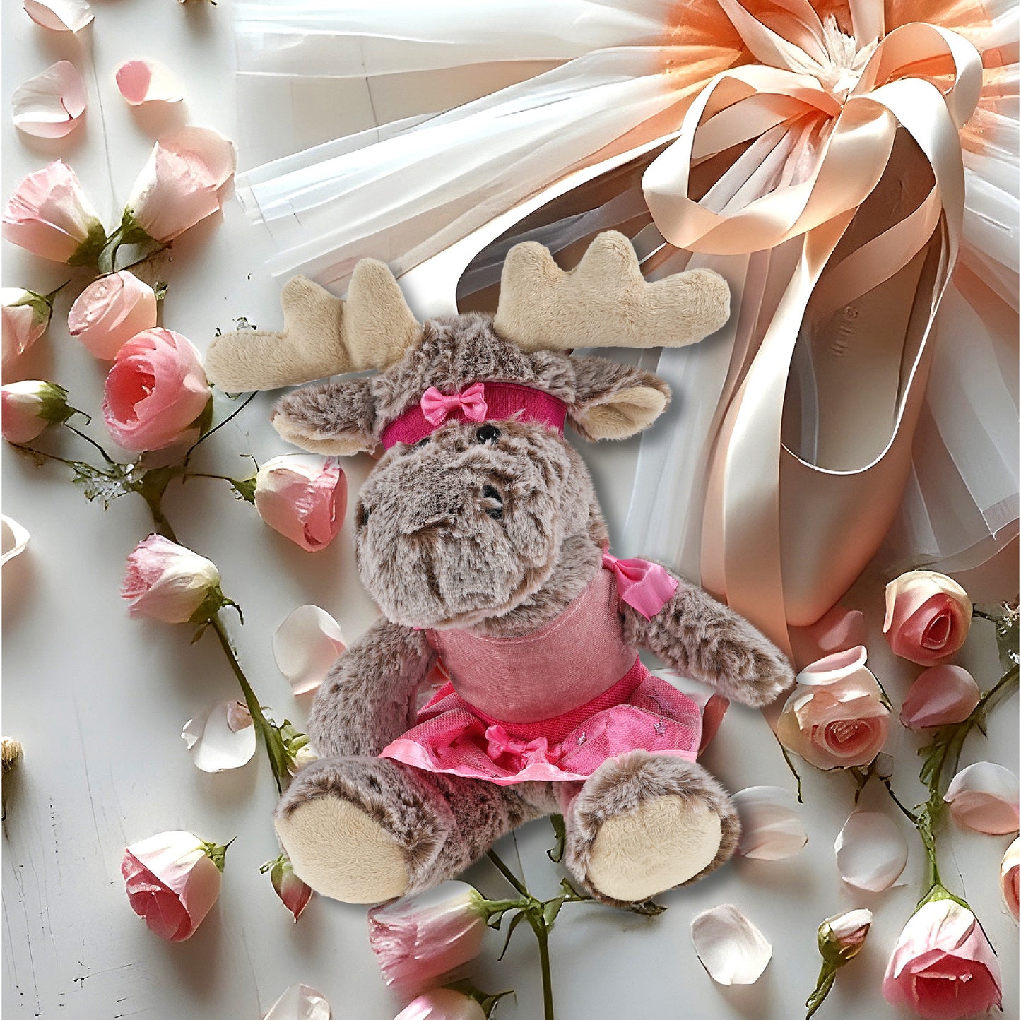 SUPER SOFT PLUSH - SITTING MOOSE WITH BROWN HOODED SWEATER BALLERINA