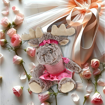 SUPER SOFT PLUSH - SITTING MOOSE WITH BROWN HOODED SWEATER BALLERINA