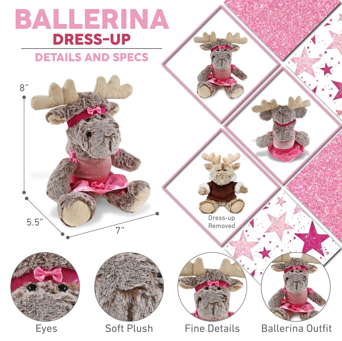 SUPER SOFT PLUSH - SITTING MOOSE WITH BROWN HOODED SWEATER BALLERINA