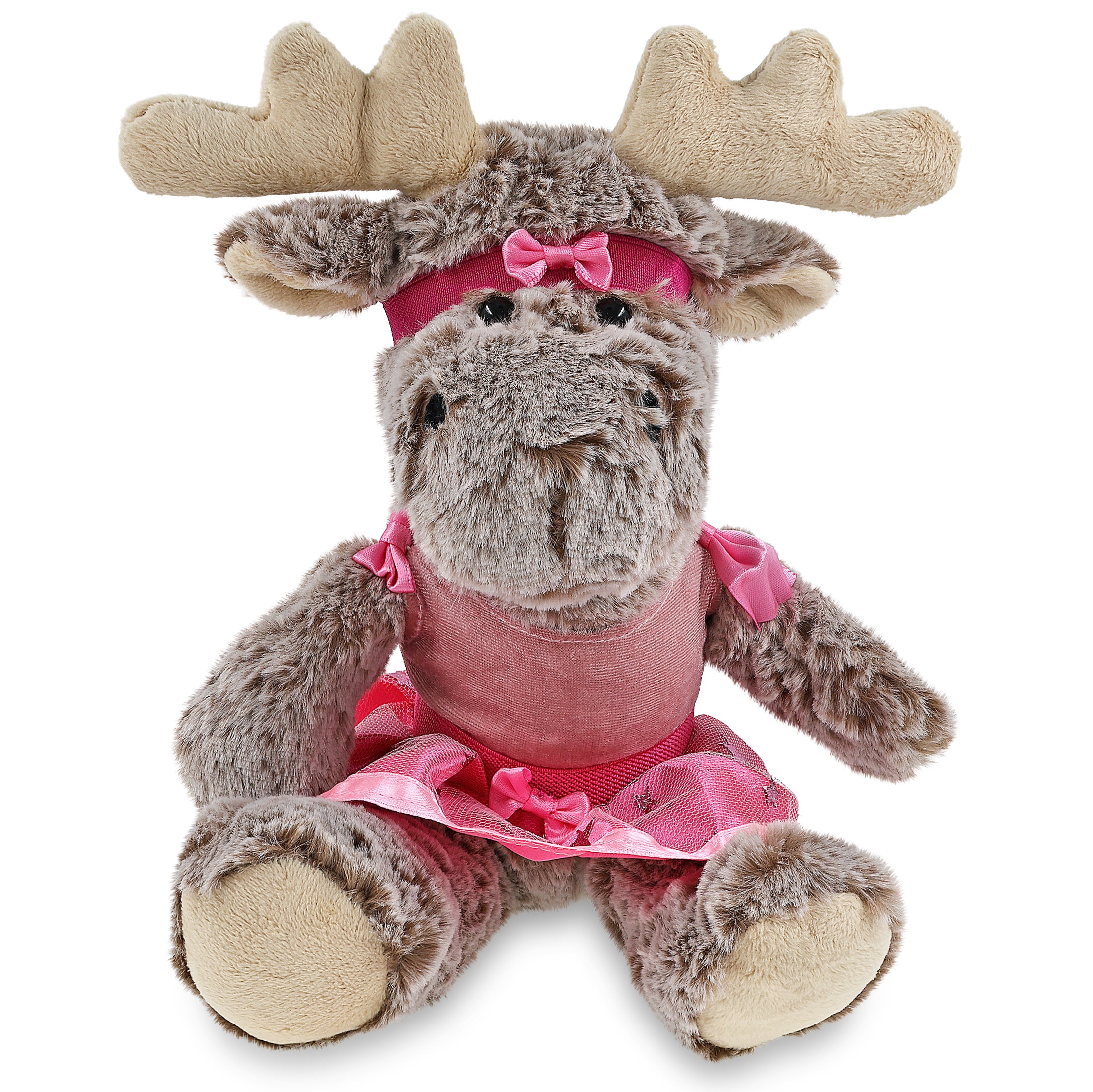 SUPER SOFT PLUSH - SITTING MOOSE WITH BROWN HOODED SWEATER BALLERINA