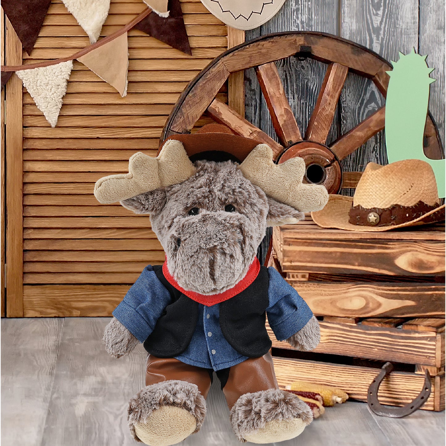 SUPER SOFT PLUSH - SITTING MOOSE WITH BROWN HOODED SWEATER COWBOY DRESS UP