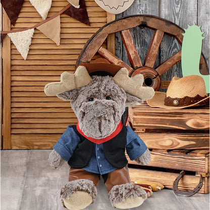 SUPER SOFT PLUSH - SITTING MOOSE WITH BROWN HOODED SWEATER COWBOY DRESS UP