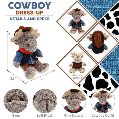 SUPER SOFT PLUSH - SITTING MOOSE WITH BROWN HOODED SWEATER COWBOY DRESS UP
