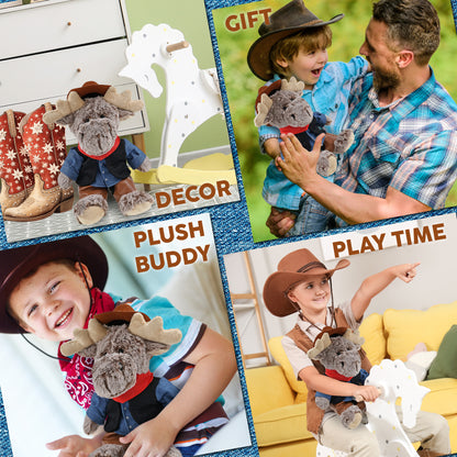 SUPER SOFT PLUSH - SITTING MOOSE WITH BROWN HOODED SWEATER COWBOY DRESS UP