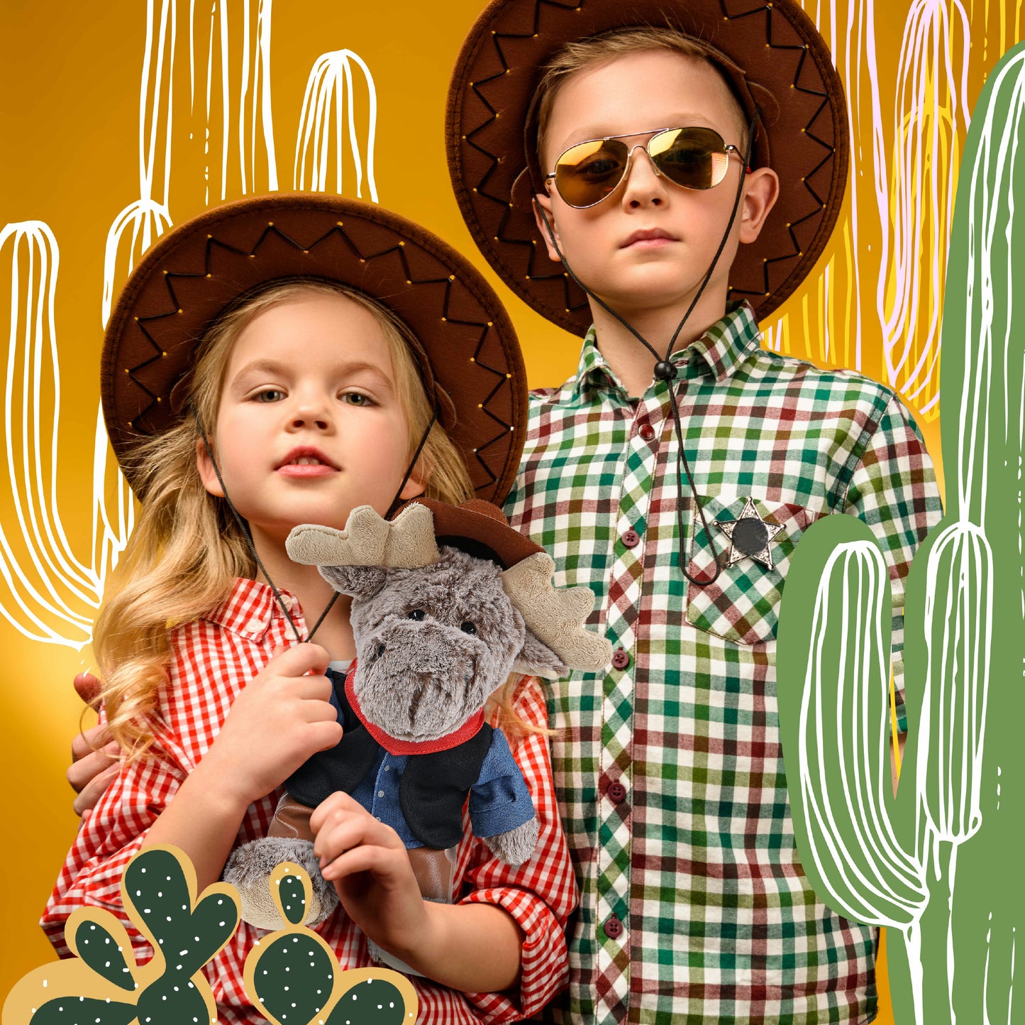 SUPER SOFT PLUSH - SITTING MOOSE WITH BROWN HOODED SWEATER COWBOY DRESS UP