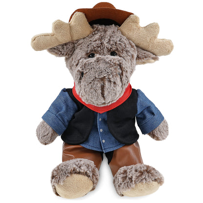 SUPER SOFT PLUSH - SITTING MOOSE WITH BROWN HOODED SWEATER COWBOY DRESS UP