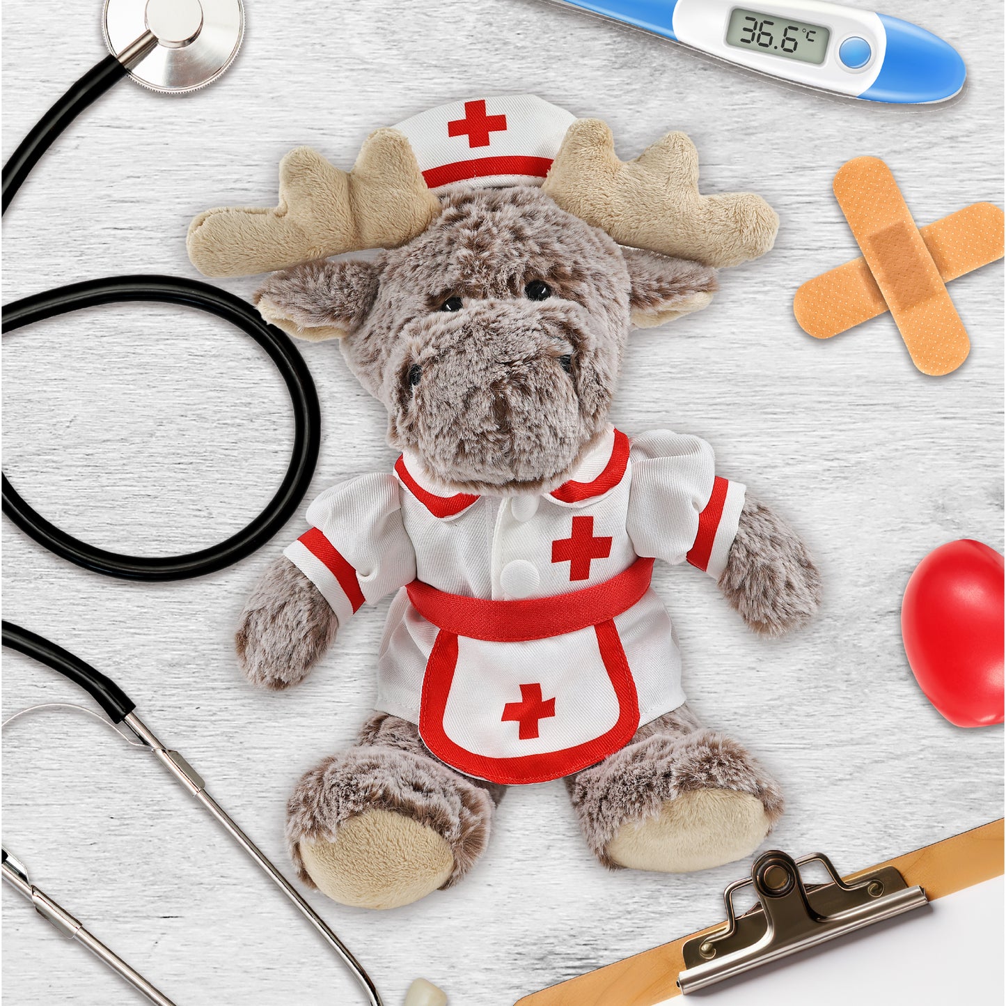 SUPER SOFT PLUSH - SITTING MOOSE WITH BROWN HOODED SWEATER NURSE