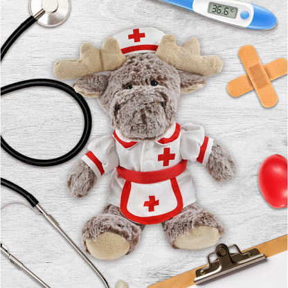SUPER SOFT PLUSH - SITTING MOOSE WITH BROWN HOODED SWEATER NURSE
