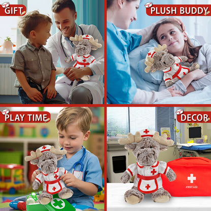 SUPER SOFT PLUSH - SITTING MOOSE WITH BROWN HOODED SWEATER NURSE