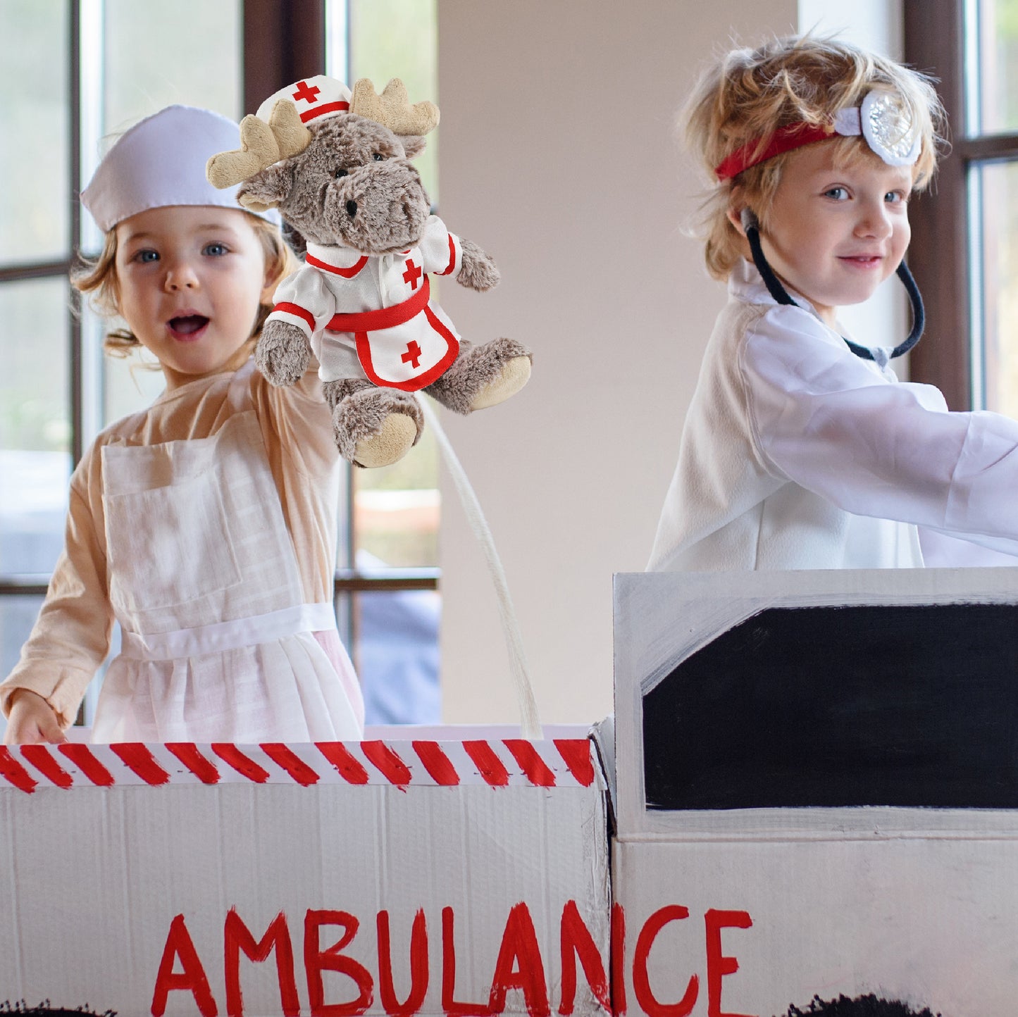 SUPER SOFT PLUSH - SITTING MOOSE WITH BROWN HOODED SWEATER NURSE