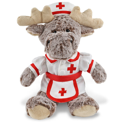 SUPER SOFT PLUSH - SITTING MOOSE WITH BROWN HOODED SWEATER NURSE