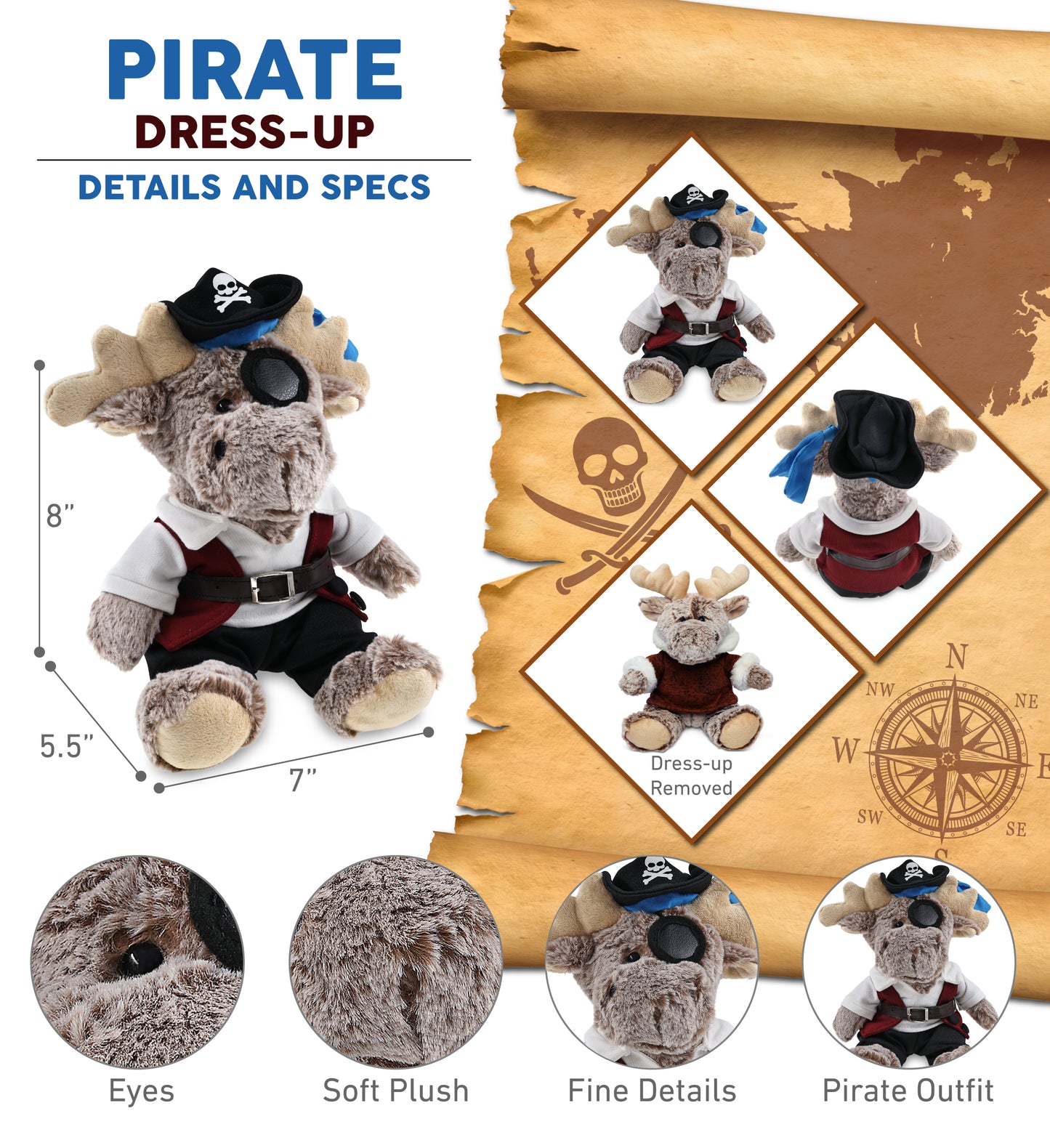 SUPER SOFT PLUSH - SITTING MOOSE WITH BROWN HOODED SWEATER PIRATE DRESS UP