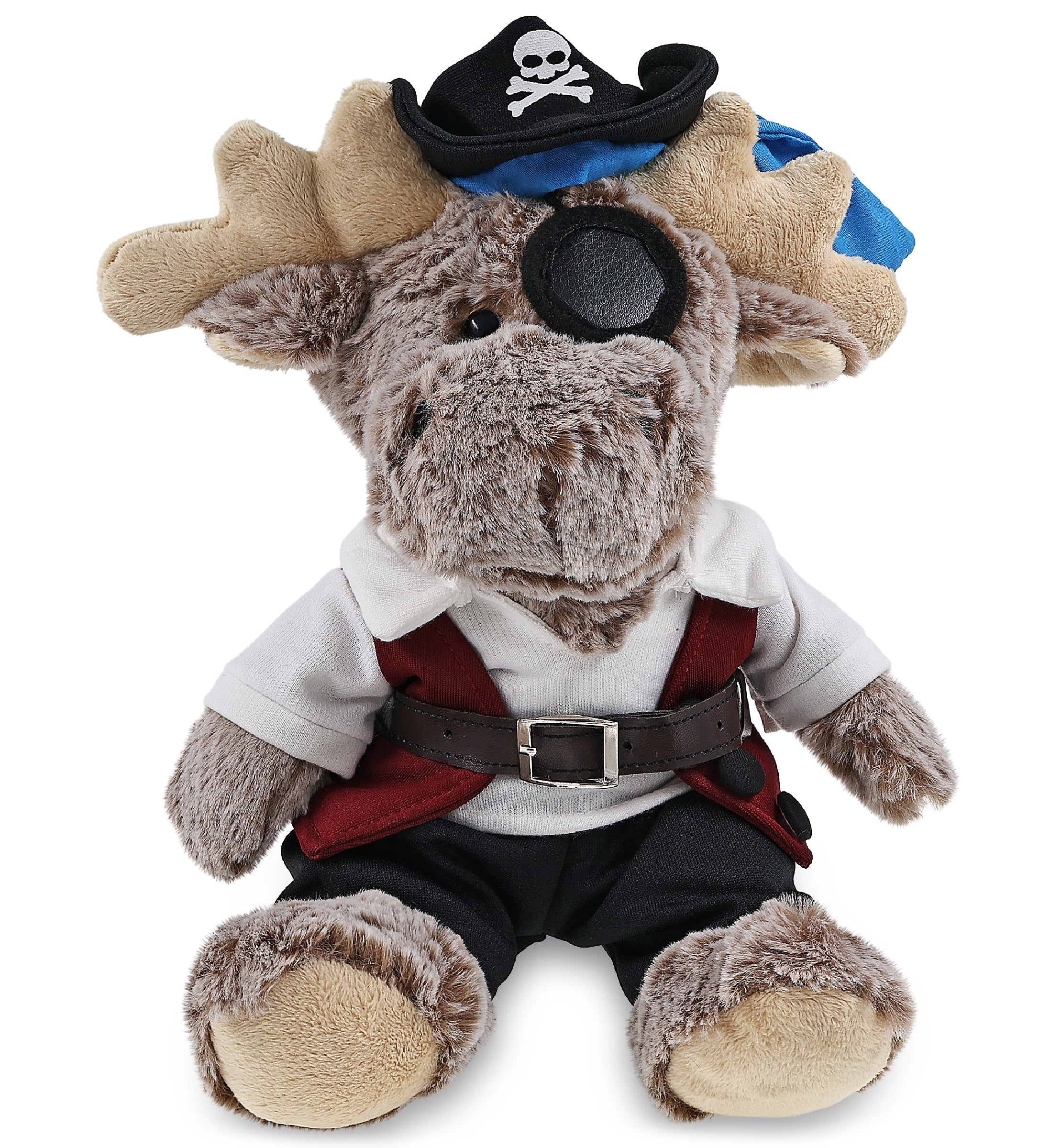 SUPER SOFT PLUSH - SITTING MOOSE WITH BROWN HOODED SWEATER PIRATE DRESS UP