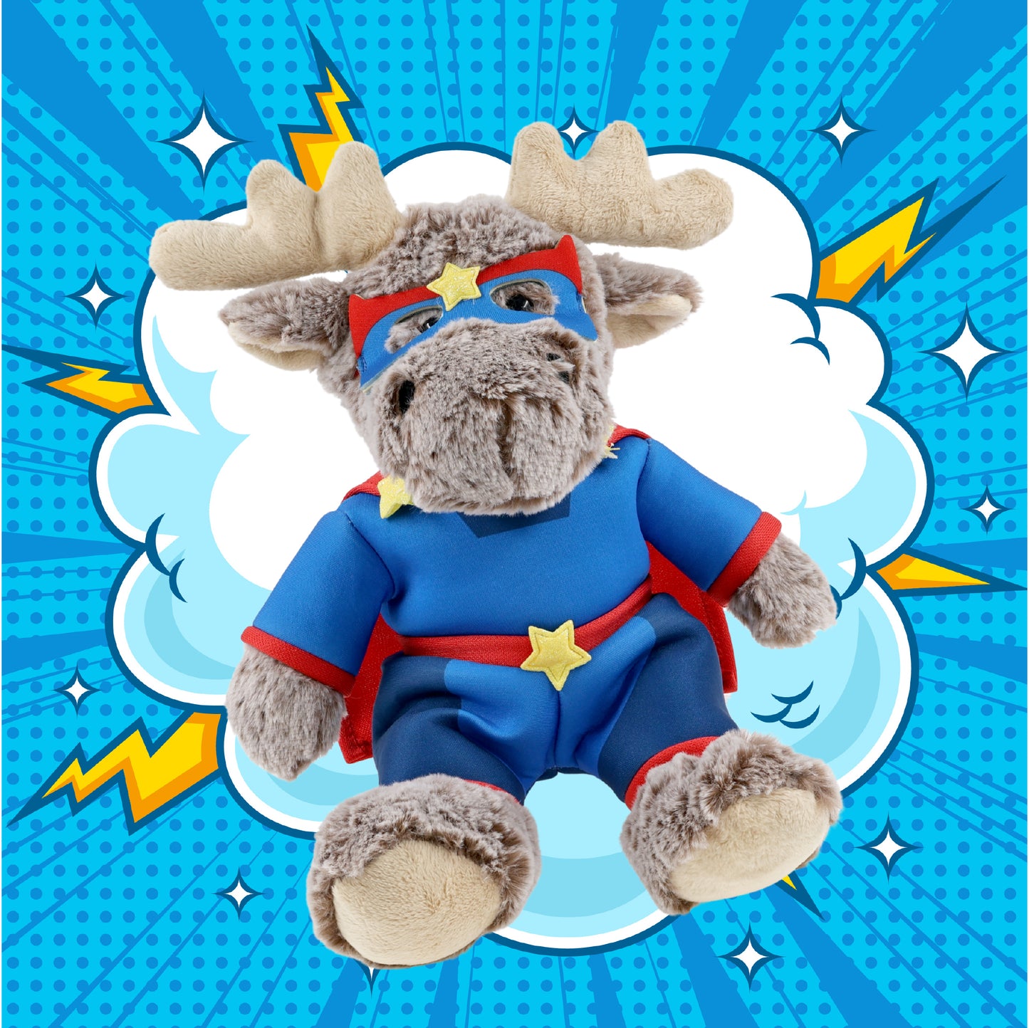 SUPER SOFT PLUSH - SITTING MOOSE WITH BROWN HOODED SWEATER SUPER HERO