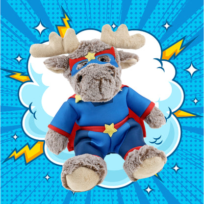 SUPER SOFT PLUSH - SITTING MOOSE WITH BROWN HOODED SWEATER SUPER HERO