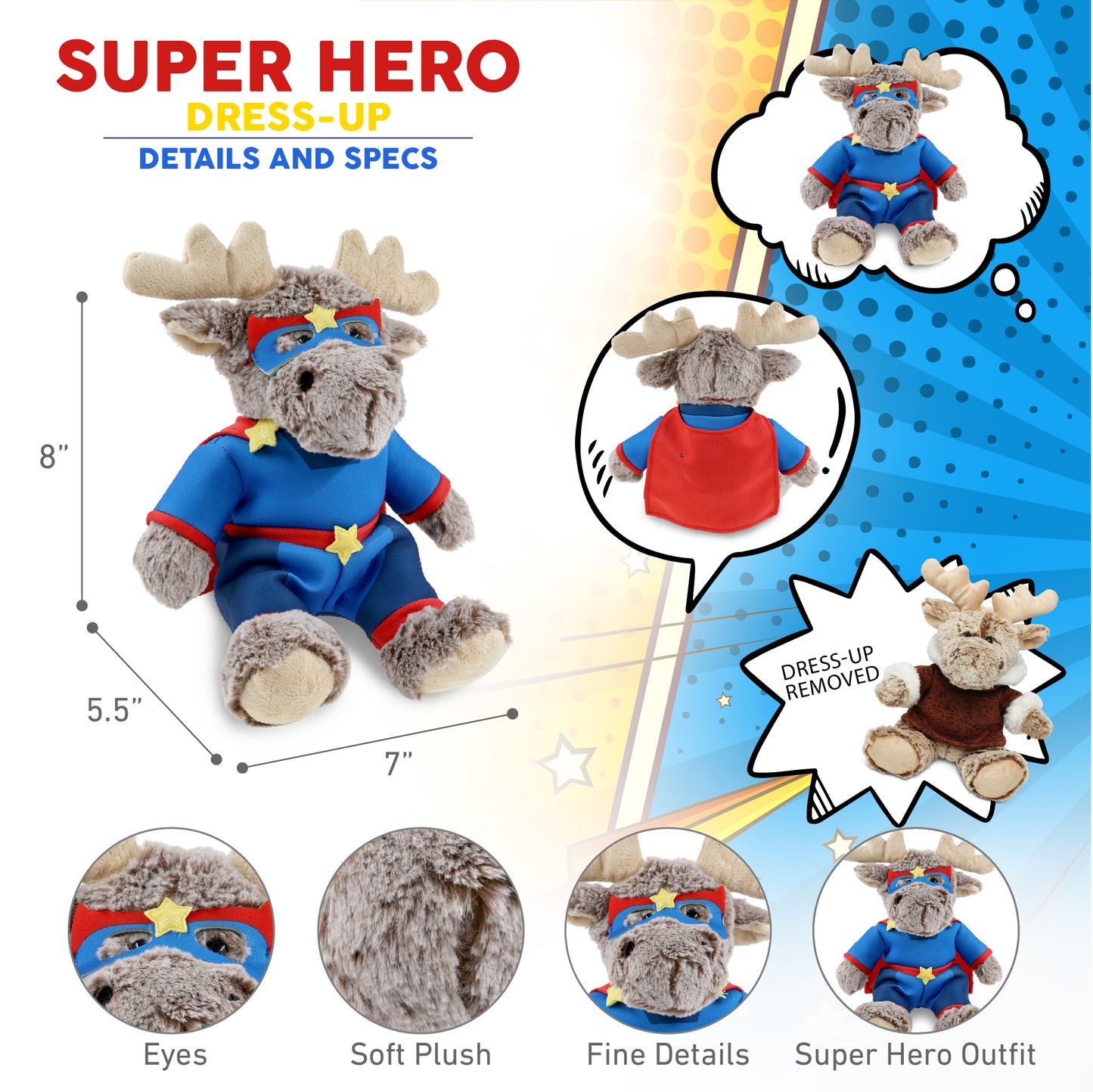 SUPER SOFT PLUSH - SITTING MOOSE WITH BROWN HOODED SWEATER SUPER HERO