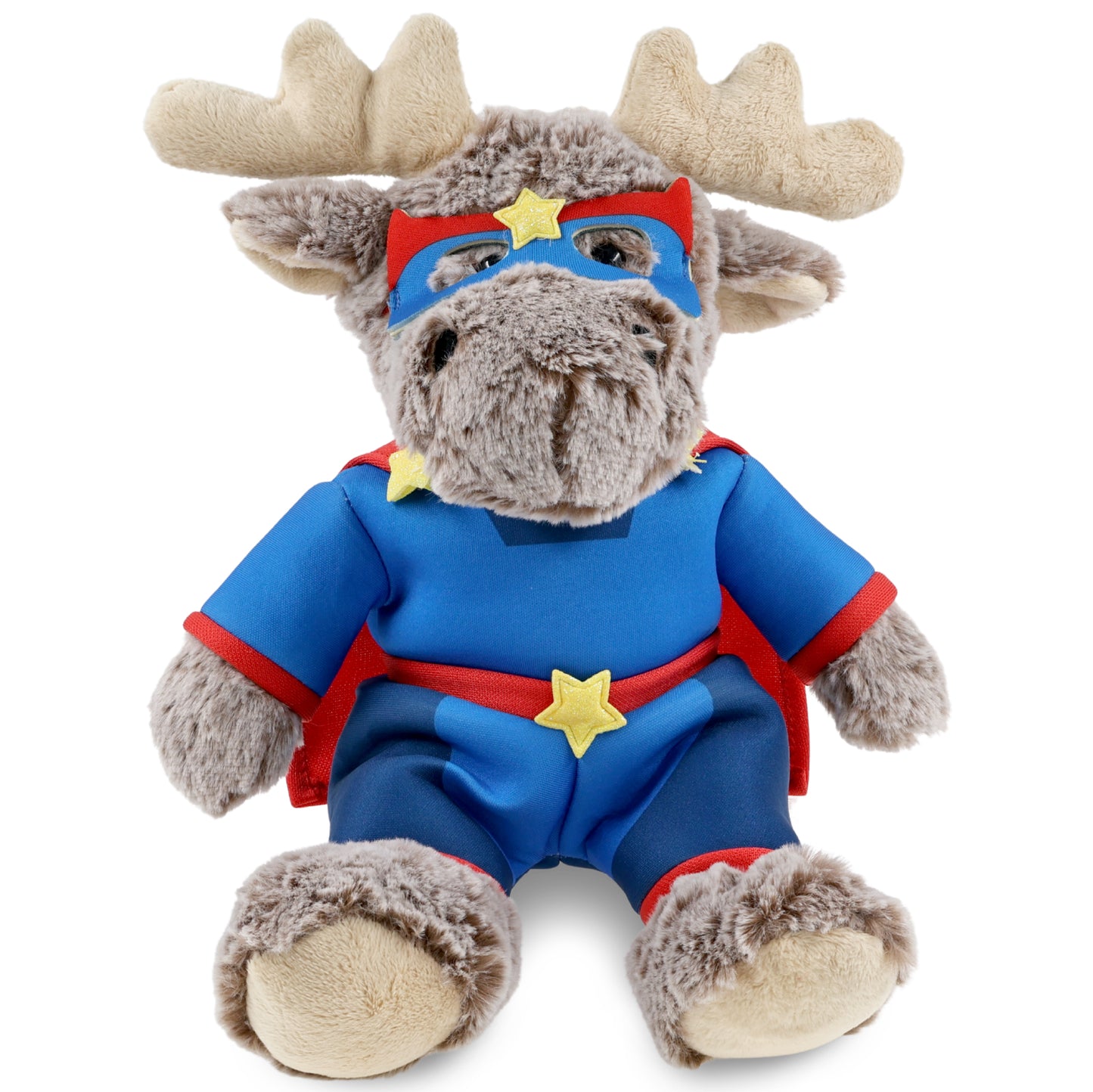 SUPER SOFT PLUSH - SITTING MOOSE WITH BROWN HOODED SWEATER SUPER HERO