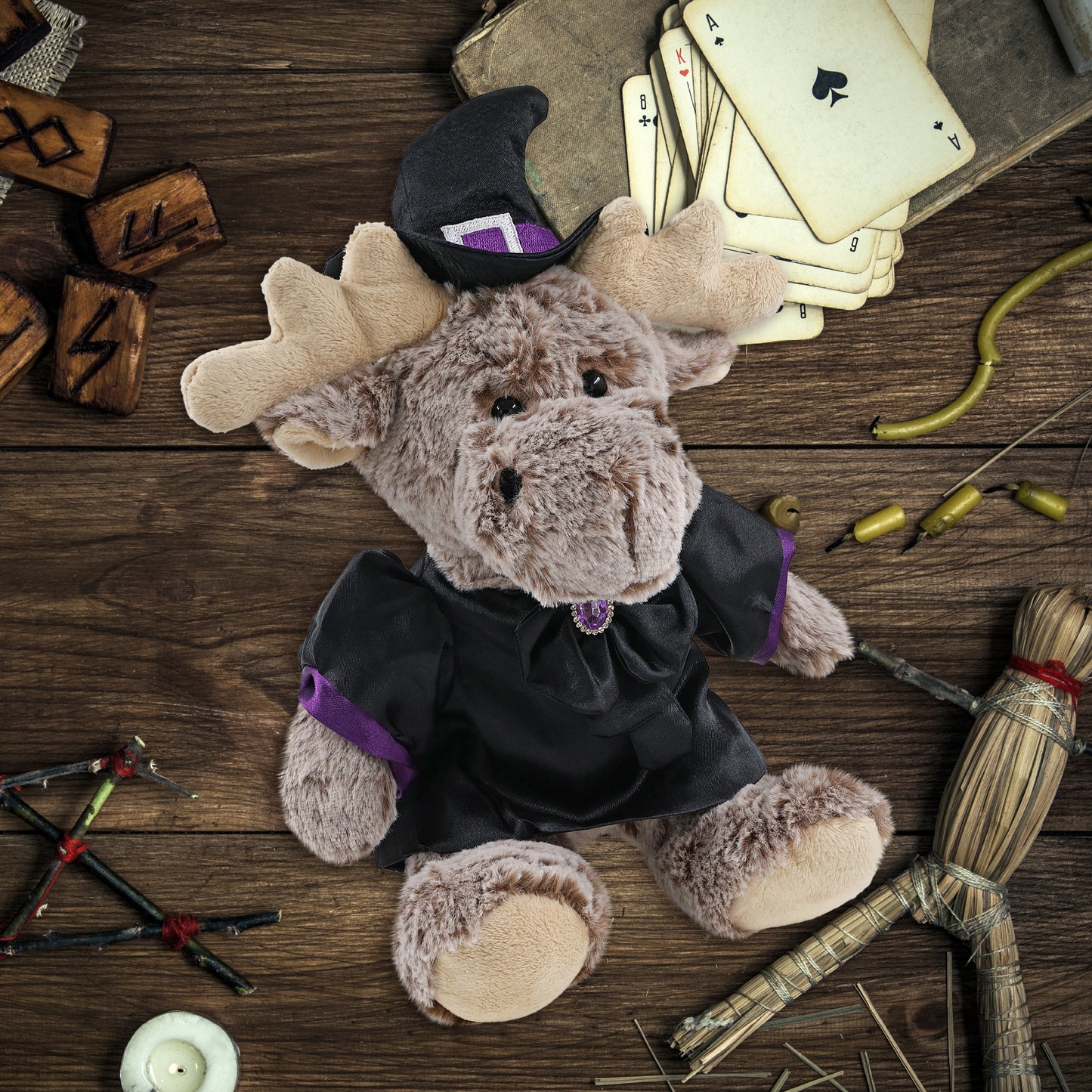 SUPER SOFT PLUSH - SITTING MOOSE WITH BROWN HOODED SWEATER WITCH DRESS UP