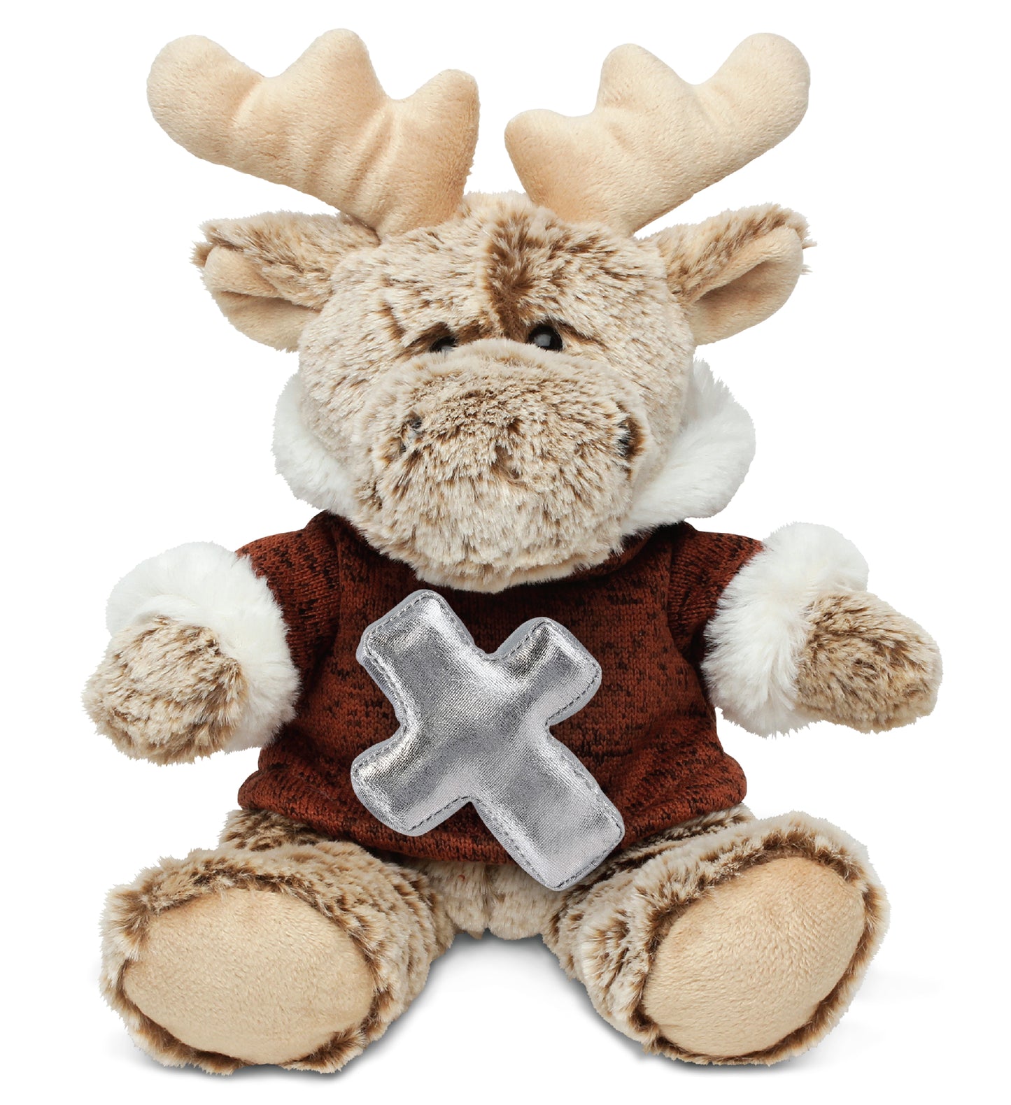 PLUSH CROSS - SUPER SOFT PLUSH - SITTING MOOSE WITH BROWN HOODED SWEATER