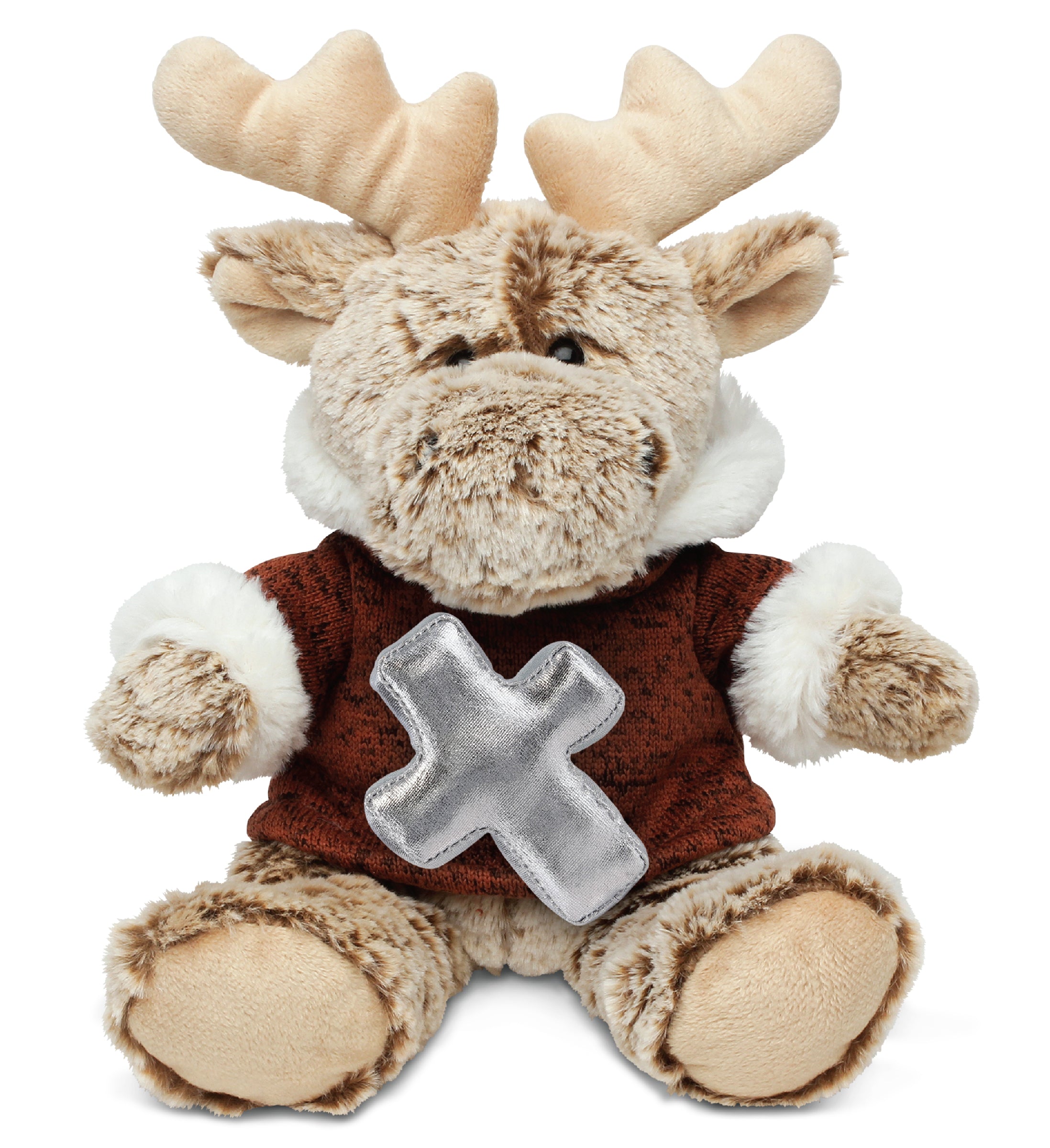 PLUSH CROSS - SUPER SOFT PLUSH - SITTING MOOSE WITH BROWN HOODED SWEATER