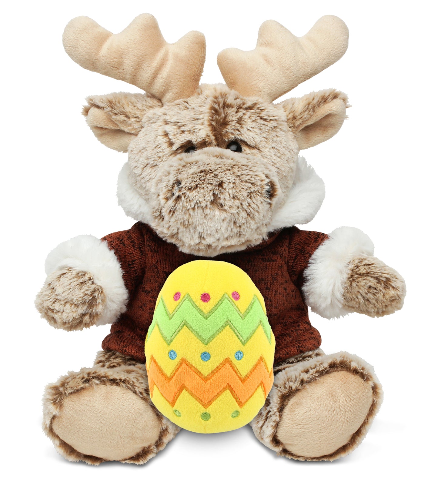 PLUSH EASTER EGG - SUPER SOFT PLUSH - SITTING MOOSE WITH BROWN HOODED SWEATER