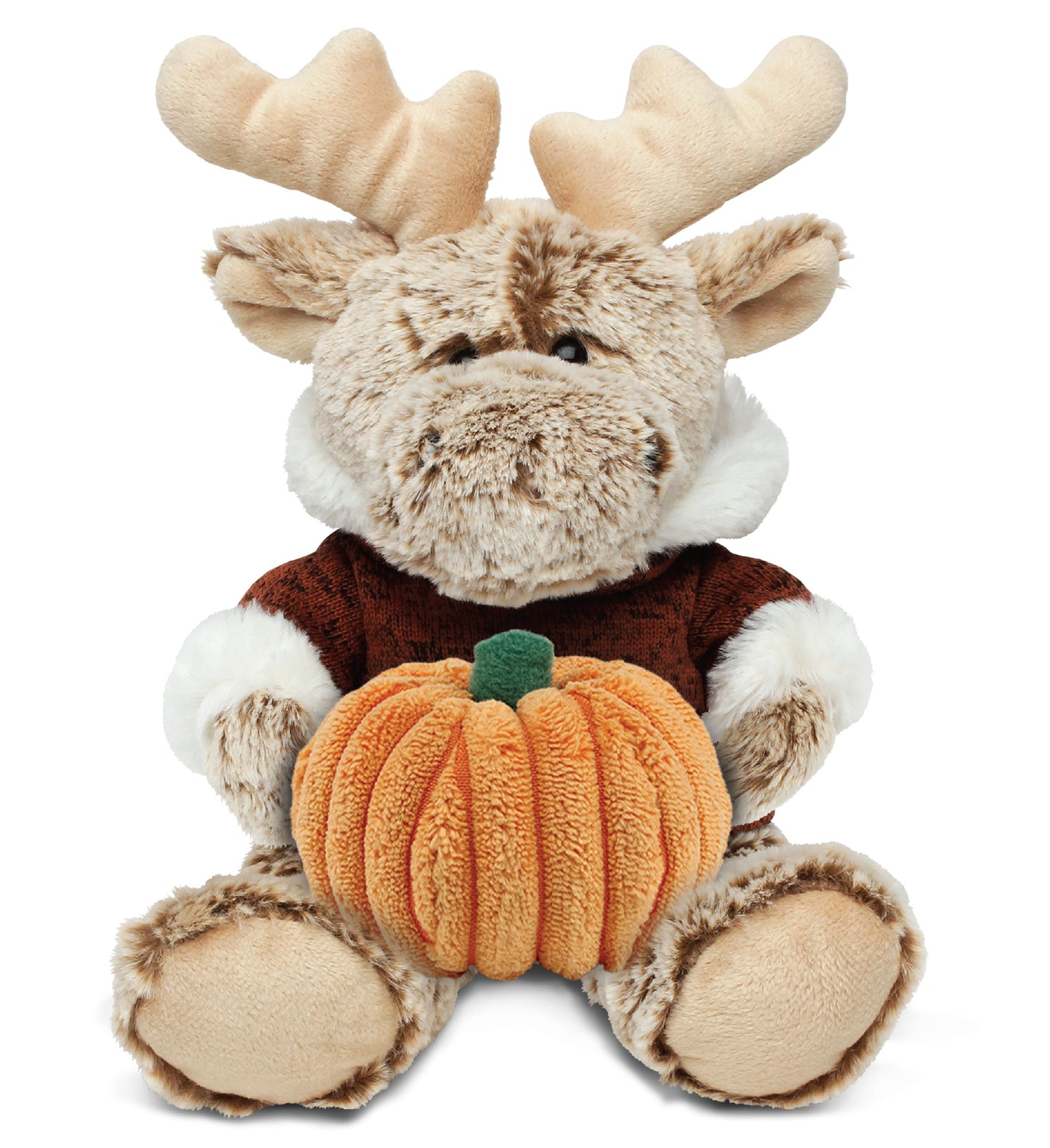 PLUSH PUMPKIN - SUPER SOFT PLUSH - SITTING MOOSE WITH BROWN HOODED SWEATER
