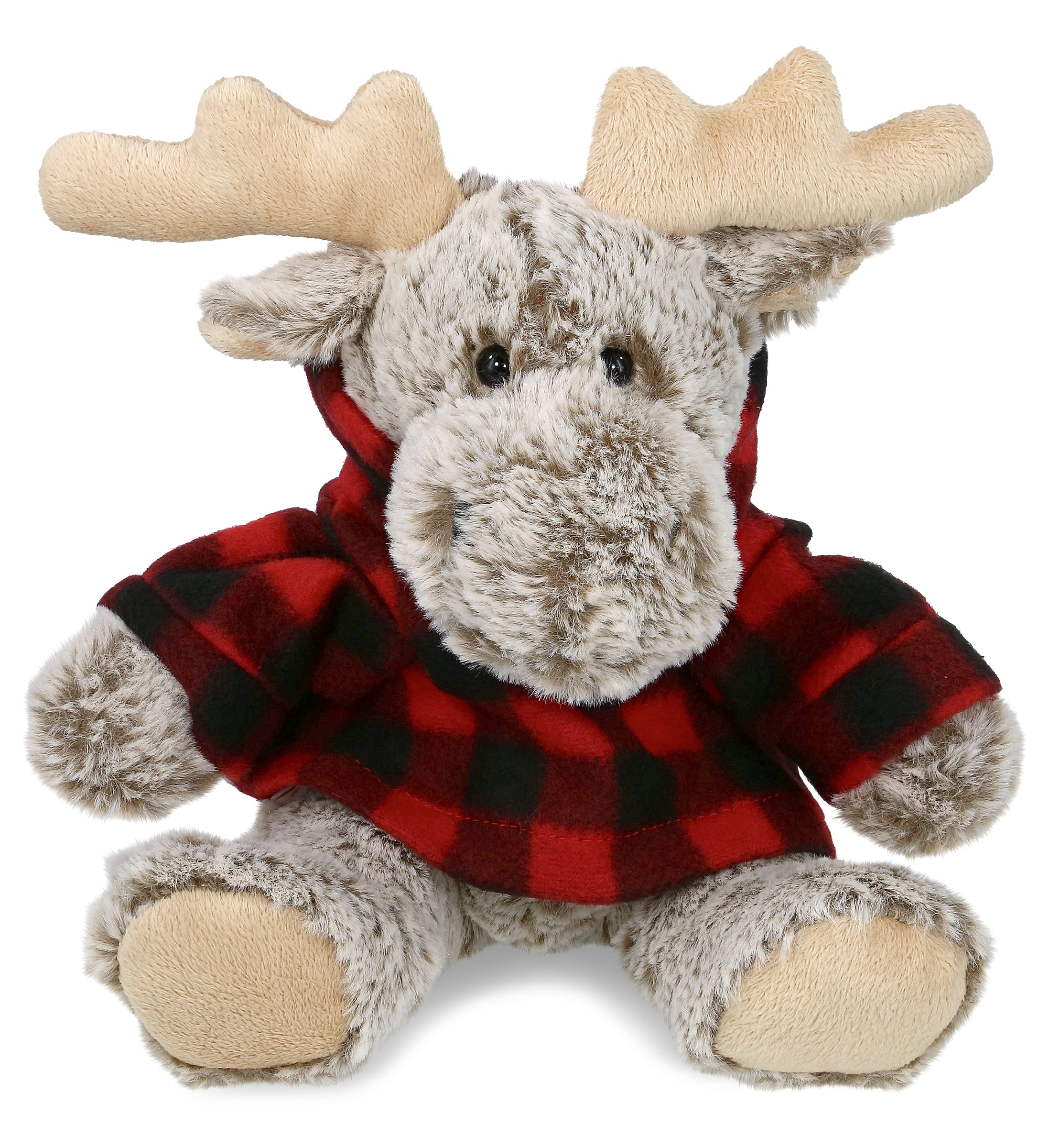 PLUSH RED PLAID HOODIE - SUPER SOFT PLUSH - SITTING MOOSE WITH BROWN HOODED SWEATER