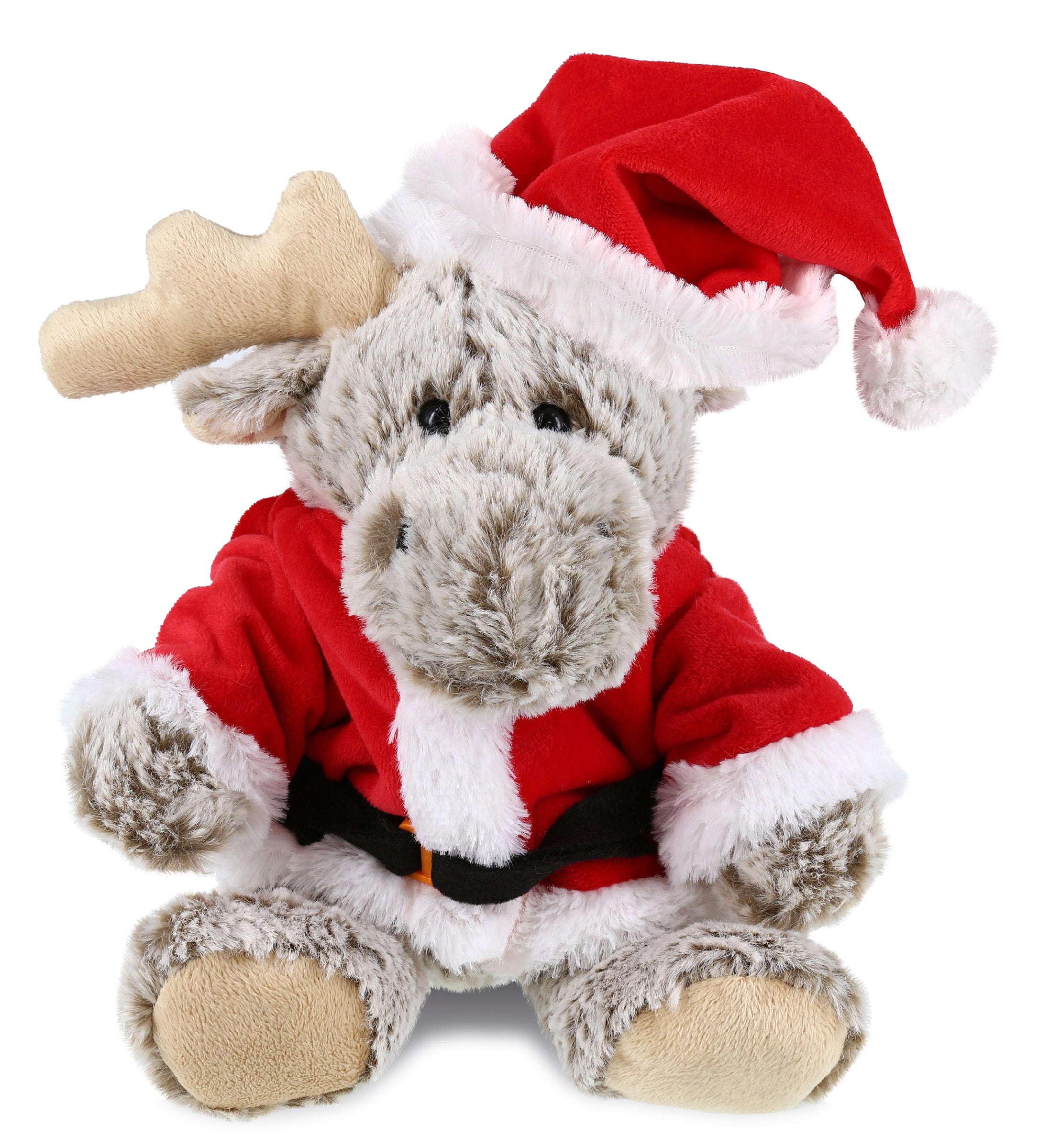 PLUSH SANTA - SUPER SOFT PLUSH - SITTING MOOSE WITH BROWN HOODED SWEATER