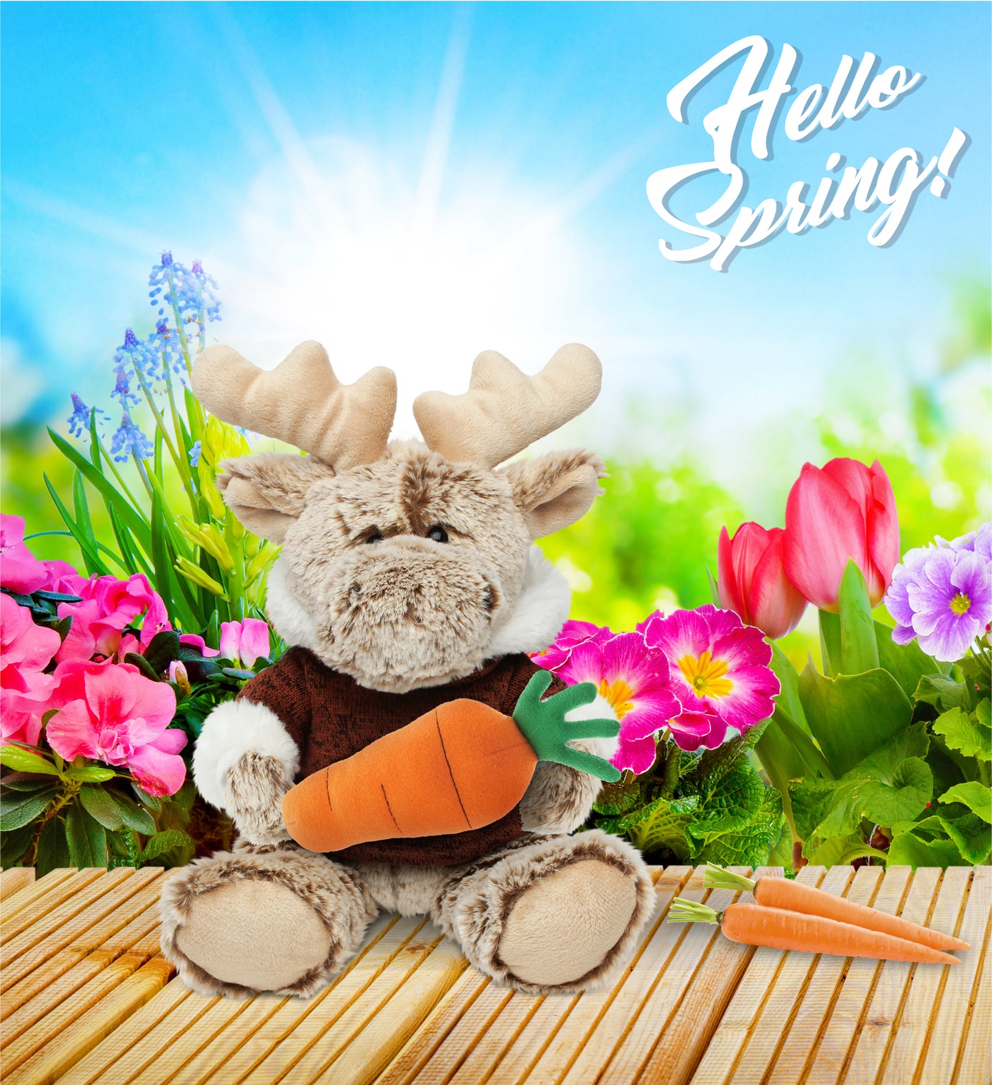 DolliBu Easter Sitting Moose with Brown Hooded Sweater with Carrot - 8 Inches