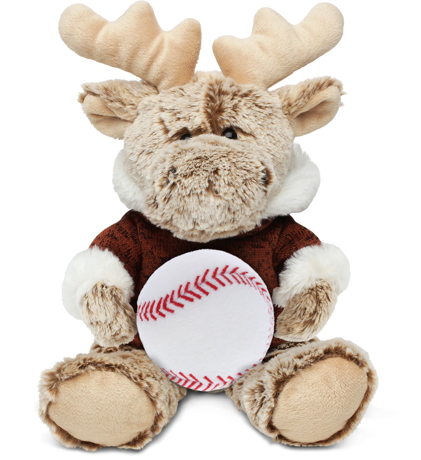 PLUSH BASEBALL - SUPER SOFT PLUSH - SITTING MOOSE WITH BROWN HOODED SWEATER