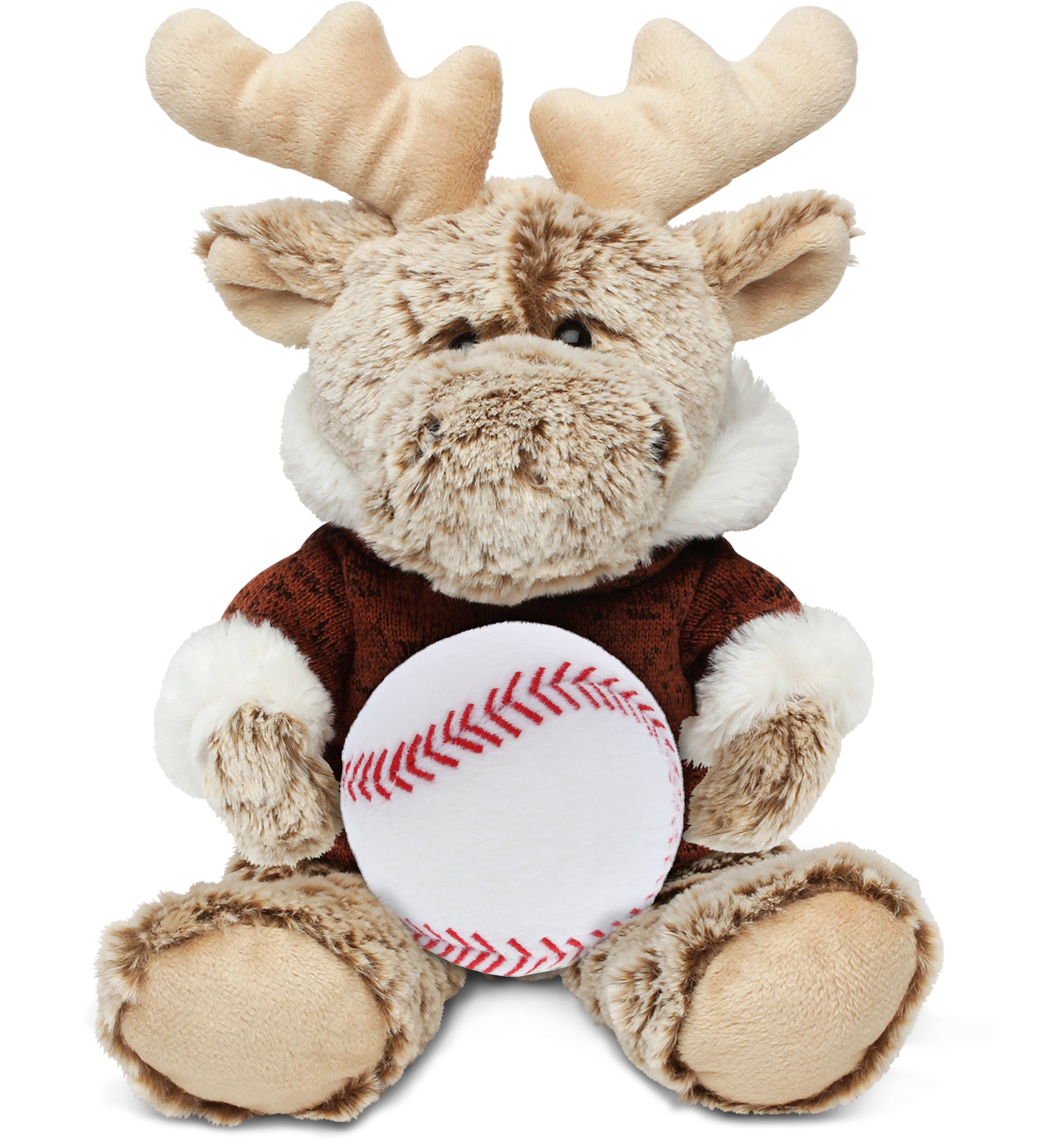 PLUSH BASEBALL - SUPER SOFT PLUSH - SITTING MOOSE WITH BROWN HOODED SWEATER