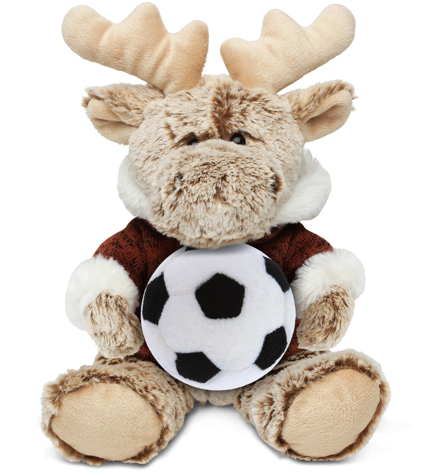 PLUSH SOCCER BALL - SUPER SOFT PLUSH - SITTING MOOSE WITH BROWN HOODED SWEATER