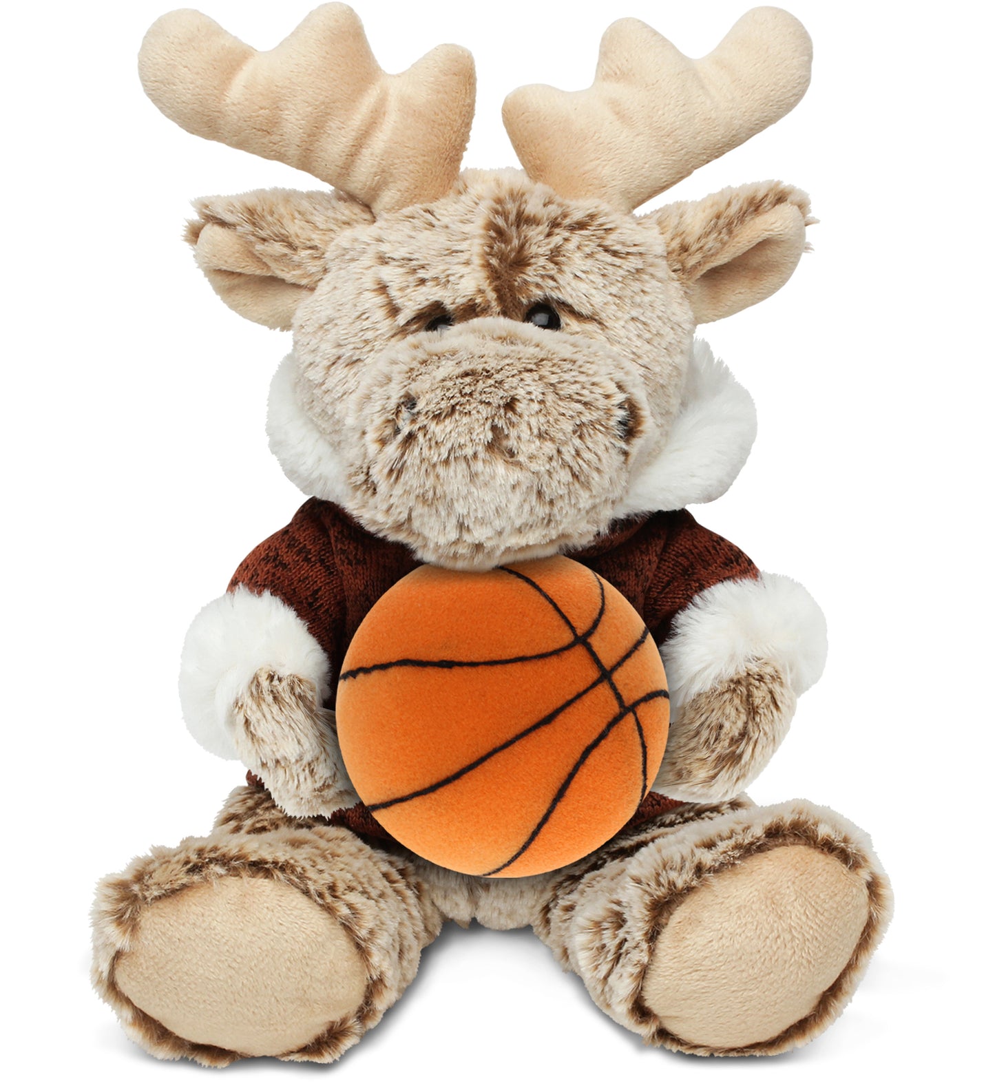 PLUSH BASKETBALL - SUPER SOFT PLUSH - SITTING MOOSE WITH BROWN HOODED SWEATER