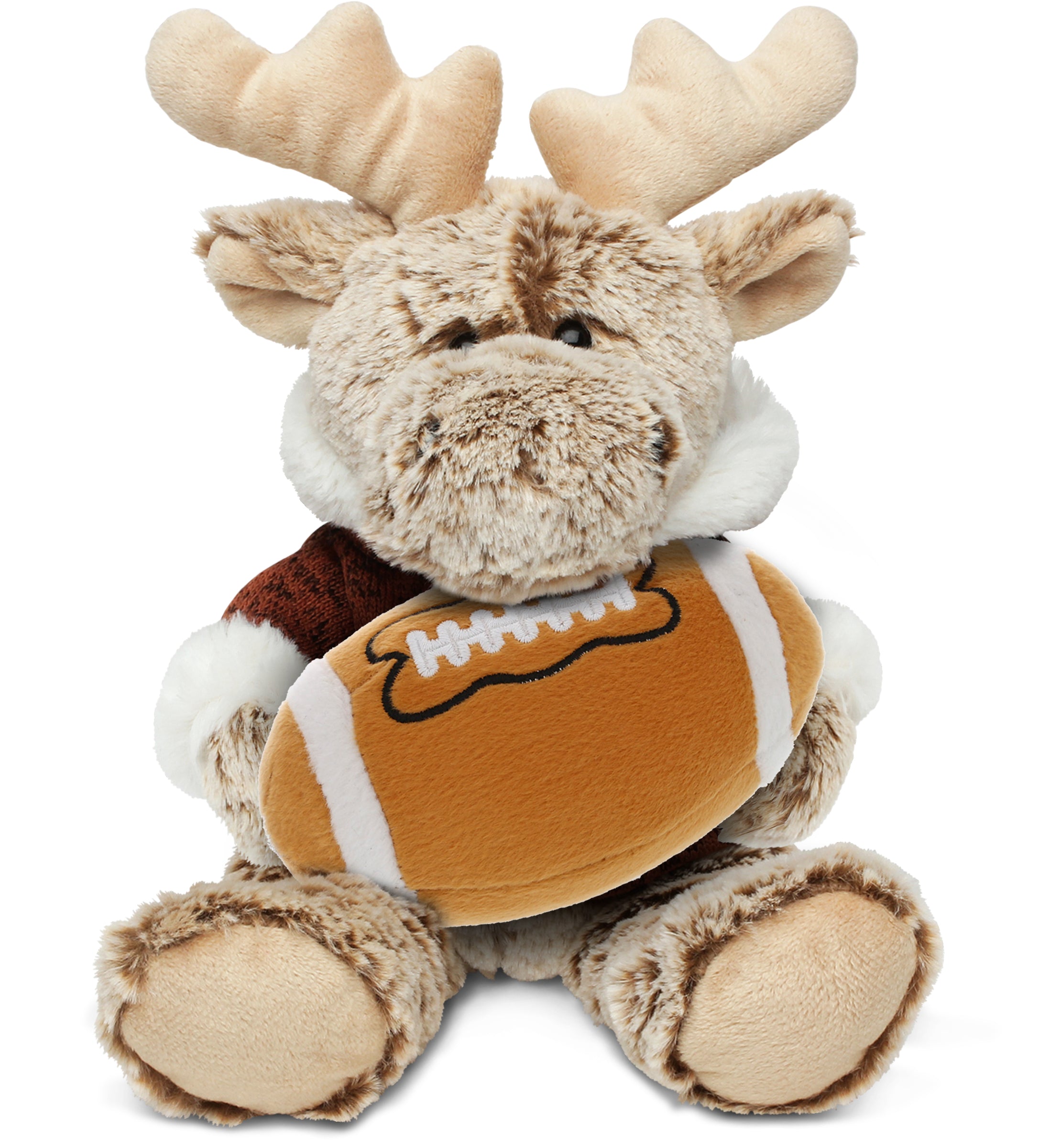 PLUSH FOOTBALL - SUPER SOFT PLUSH - SITTING MOOSE WITH BROWN HOODED SWEATER