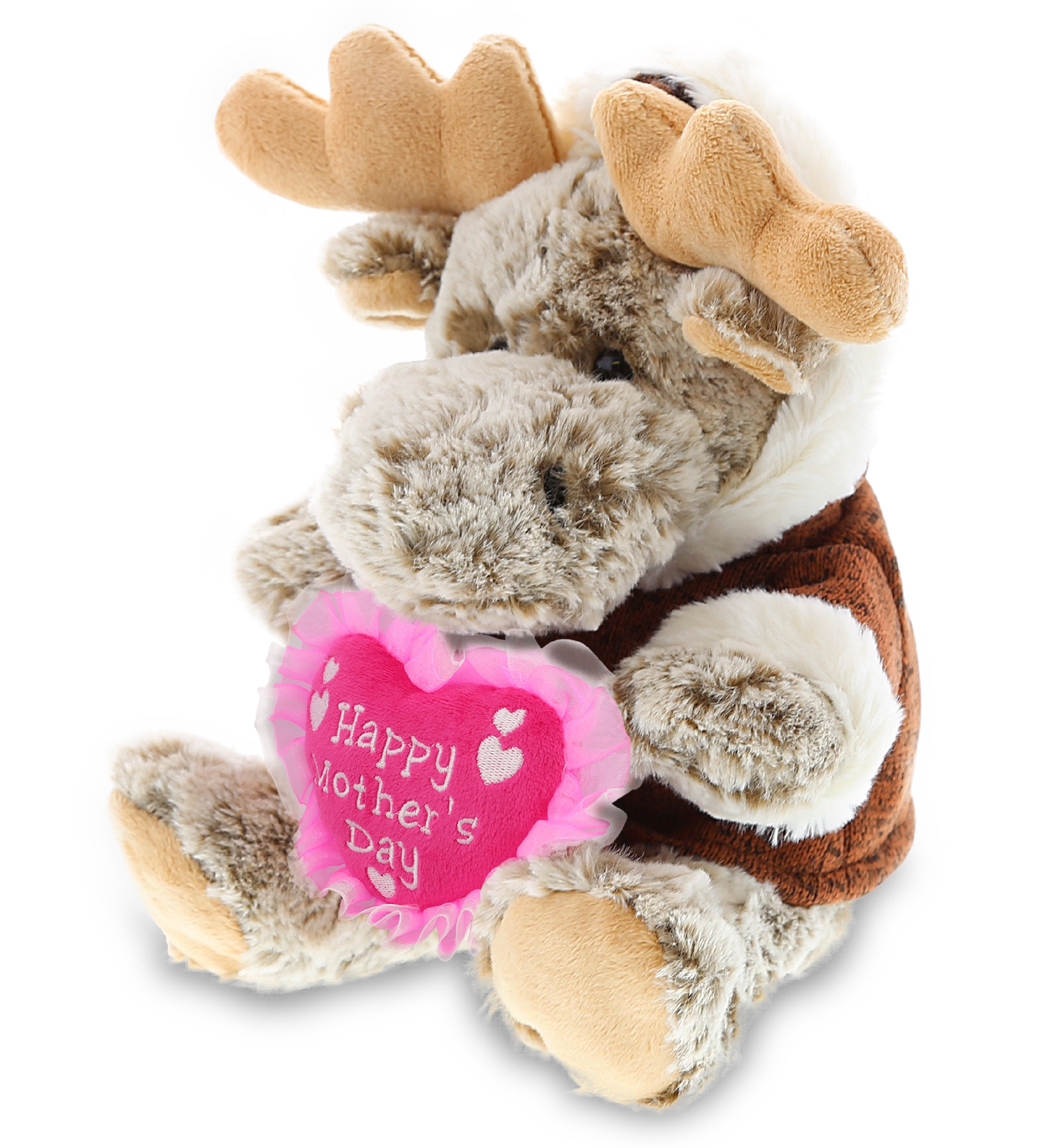 PLUSH MOTHERS DAY HEART - SUPER SOFT PLUSH - SITTING MOOSE WITH BROWN HOODED SWEATER