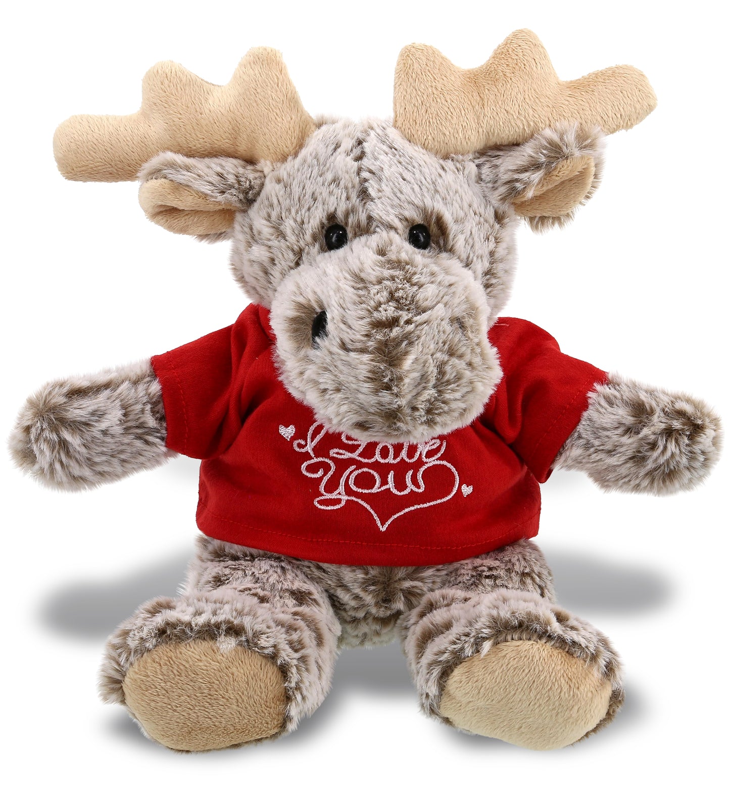 PLUSH I LOVE YOU RED SHIRT- SUPER SOFT PLUSH - SITTING MOOSE WITH BROWN HOODED SWEATER