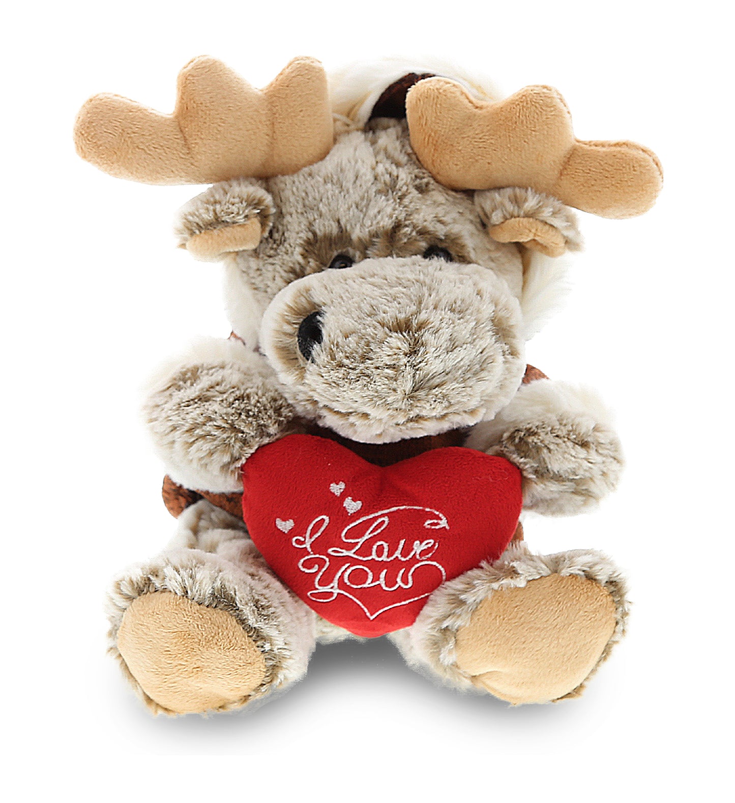 PLUSH I LOVE YOU RED HEART - SUPER SOFT PLUSH - SITTING MOOSE WITH BROWN HOODED SWEATER