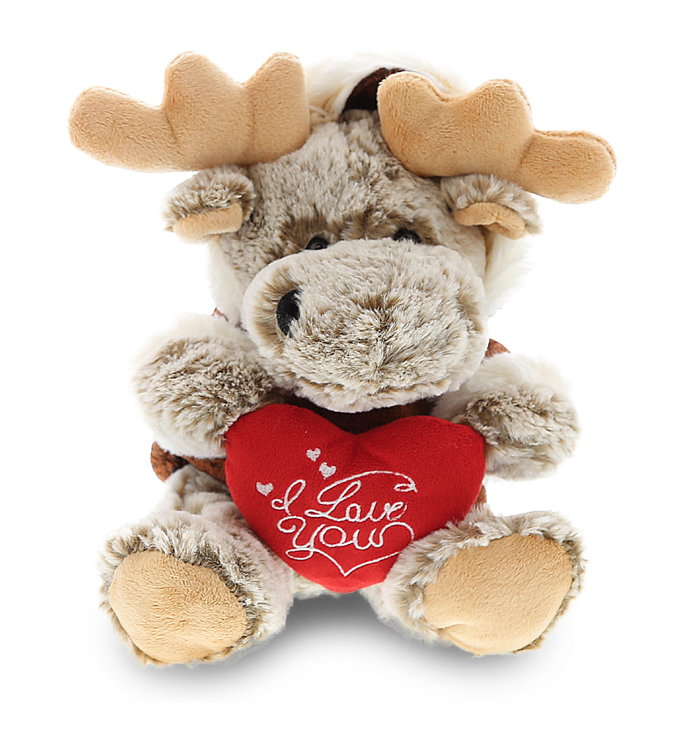 PLUSH I LOVE YOU RED HEART - SUPER SOFT PLUSH - SITTING MOOSE WITH BROWN HOODED SWEATER
