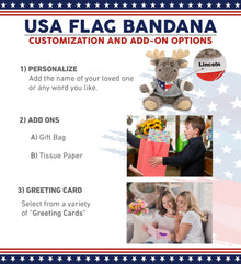 SUPER SOFT PLUSH - SITTING MOOSE WITH GREY HOODED SWEATER WITH USA FLAG BANDANA