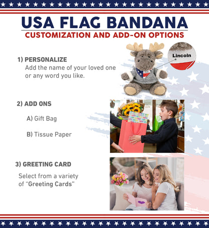 SUPER SOFT PLUSH - SITTING MOOSE WITH GREY HOODED SWEATER WITH USA FLAG BANDANA