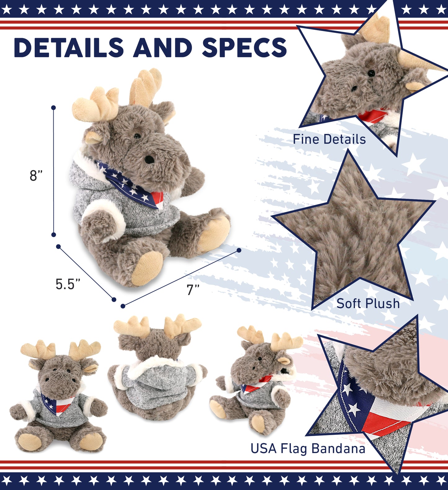 SUPER SOFT PLUSH - SITTING MOOSE WITH GREY HOODED SWEATER WITH USA FLAG BANDANA