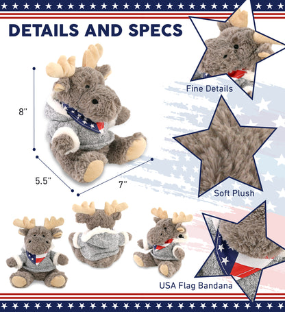 SUPER SOFT PLUSH - SITTING MOOSE WITH GREY HOODED SWEATER WITH USA FLAG BANDANA