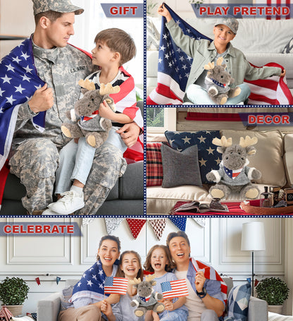 SUPER SOFT PLUSH - SITTING MOOSE WITH GREY HOODED SWEATER WITH USA FLAG BANDANA