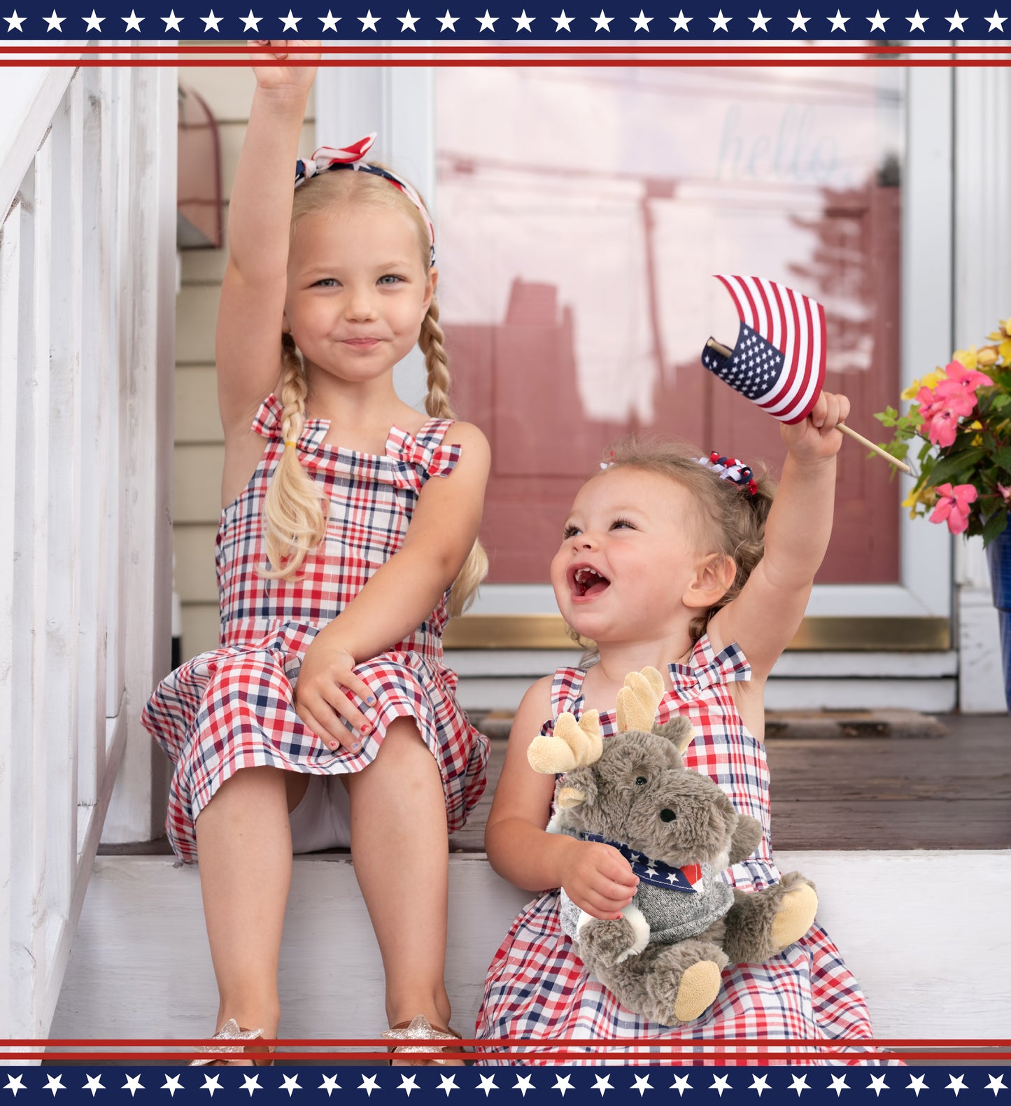 SUPER SOFT PLUSH - SITTING MOOSE WITH GREY HOODED SWEATER WITH USA FLAG BANDANA