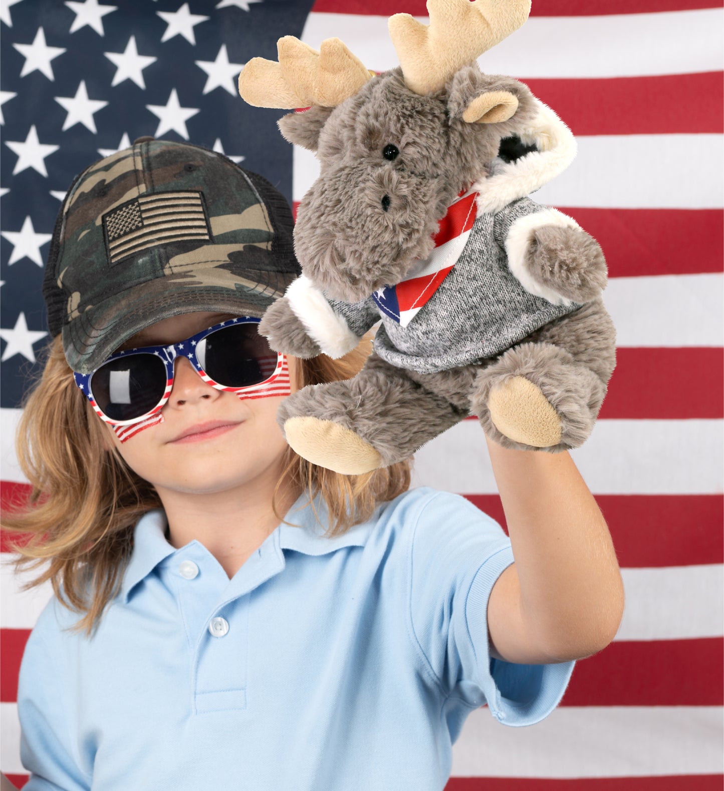 SUPER SOFT PLUSH - SITTING MOOSE WITH GREY HOODED SWEATER WITH USA FLAG BANDANA