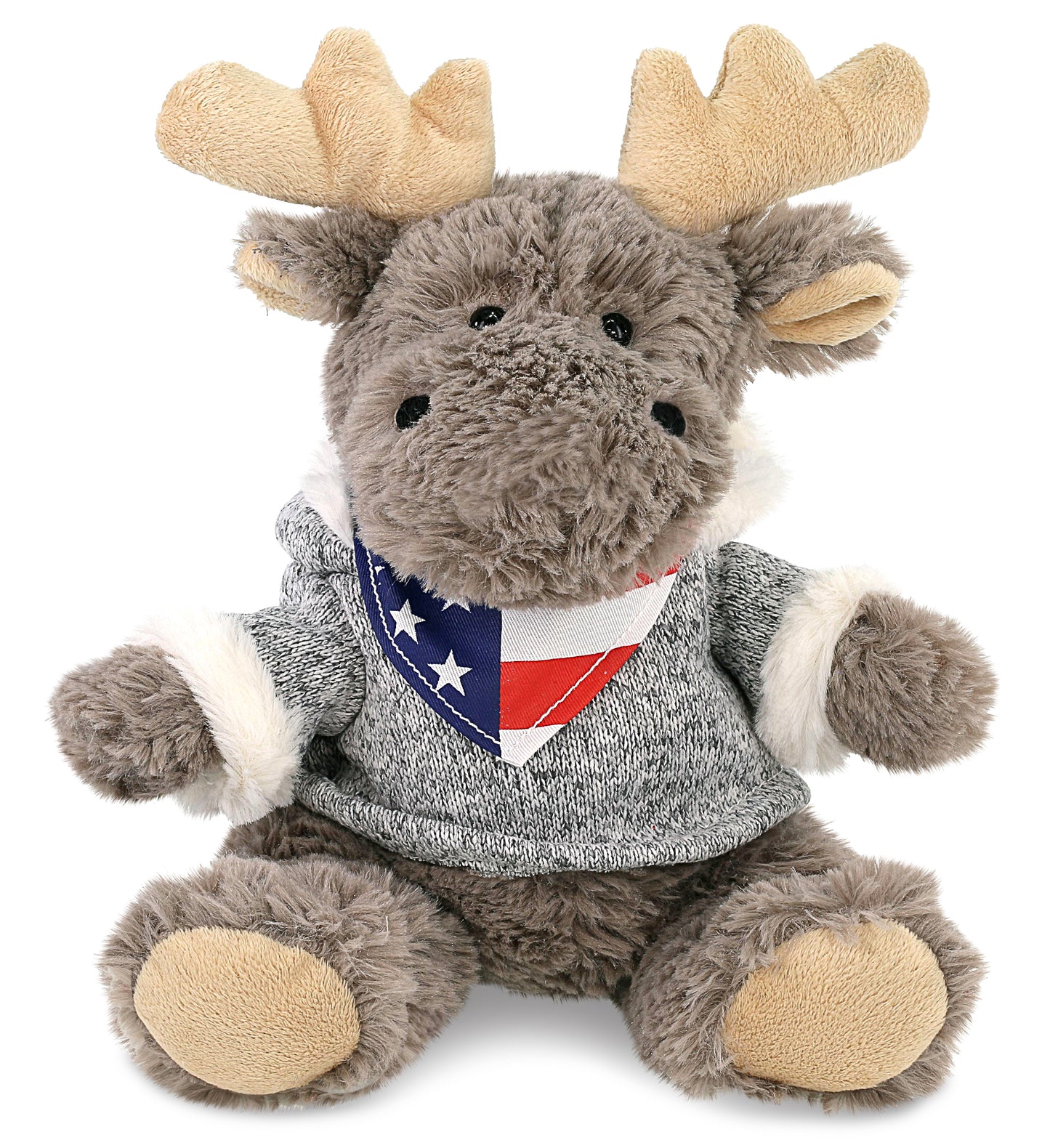 SUPER SOFT PLUSH - SITTING MOOSE WITH GREY HOODED SWEATER WITH USA FLAG BANDANA