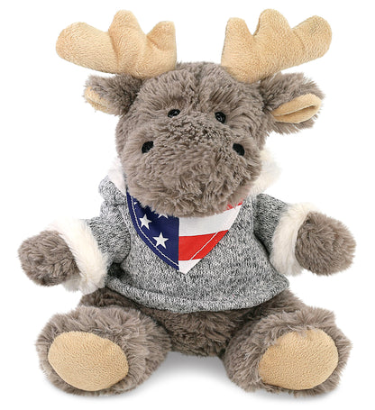 SUPER SOFT PLUSH - SITTING MOOSE WITH GREY HOODED SWEATER WITH USA FLAG BANDANA