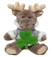 PLUSH SHAMROCK - SUPER SOFT PLUSH - SITTING MOOSE WITH GREY HOODED SWEATER