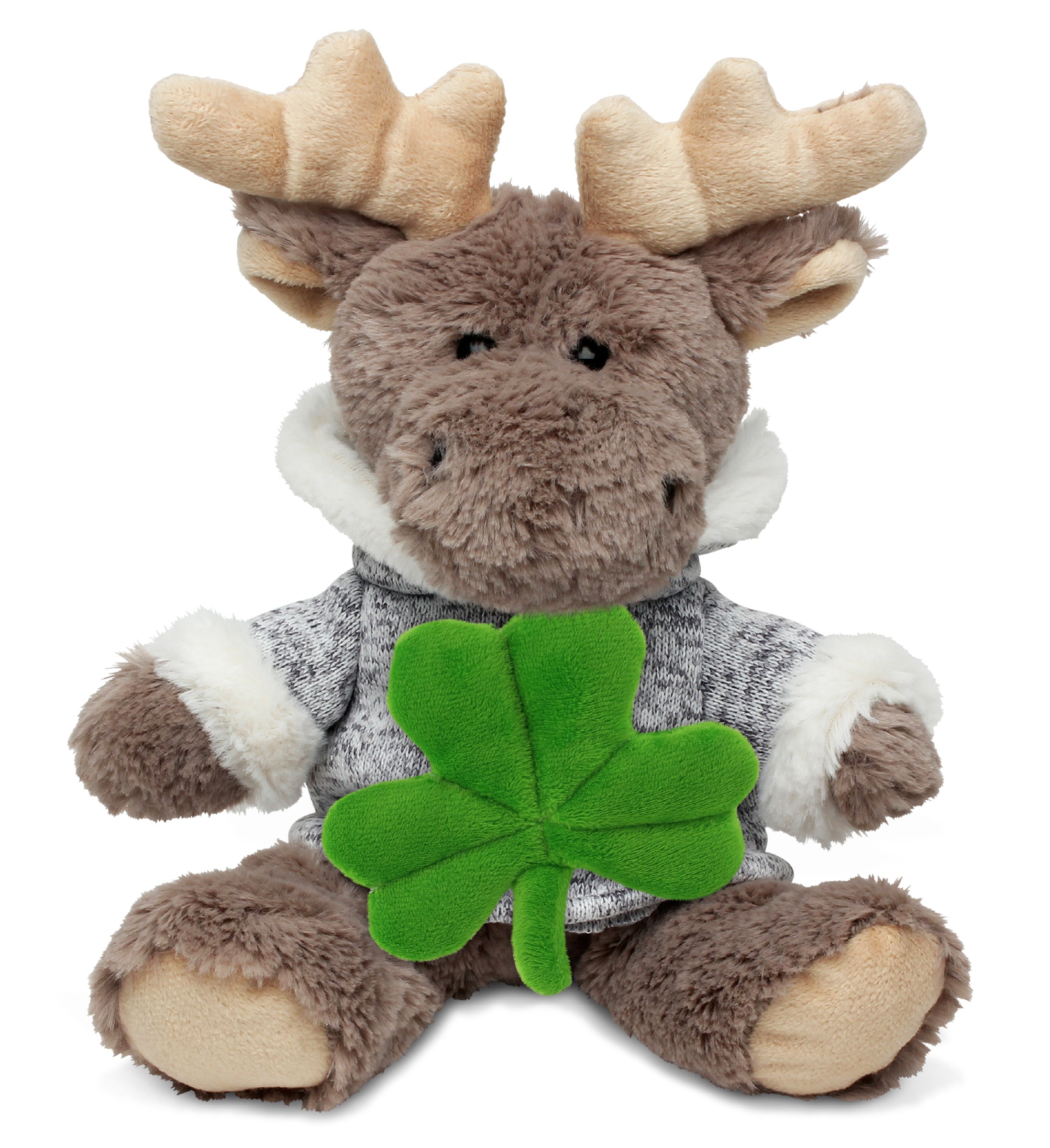 PLUSH SHAMROCK - SUPER SOFT PLUSH - SITTING MOOSE WITH GREY HOODED SWEATER
